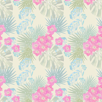 Seamless tropical floral pattern. Palm leaves, exotic flowers, twigs of delicate color