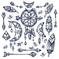 
Set of boho style hand drawn doodles. Bohemian illustration. Boho style stickers. Wild and tribal signs of boho spirit. Hippy illustration