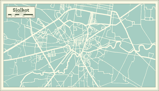 Sialkot Pakistan City Map in Retro Style. Outline Map.