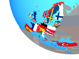 OECD European members with national flags on simple globe.