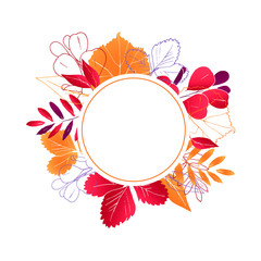 Vector wreath with autumn leaves. Round frame illustration for Wedding and Autumn cards design. Hand drawn isolated composition of leaves for postcard, print, decoration, backgrond.