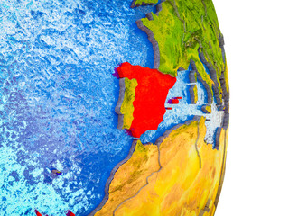 Spain on 3D model of Earth with divided countries and blue oceans.