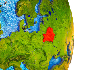 Belarus on 3D model of Earth with divided countries and blue oceans.