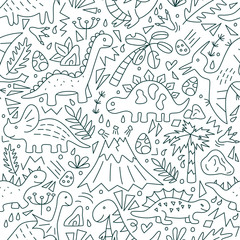 Dinosaurs. Seamless pattern. Vector illustration in doodle style. Hand drawn. Linear. Black and white