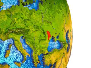 Moldova on 3D model of Earth with divided countries and blue oceans.
