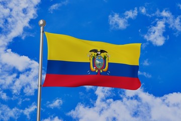 Ecuador national flag waving isolated in the blue cloudy sky 3d illustration
