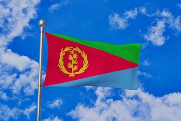 Eritrea national flag waving isolated in the blue cloudy sky 3d illustration
