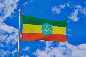 Ethiopia national flag waving isolated in the blue cloudy sky 3d illustration