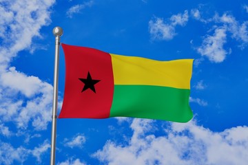 Guinea Bissau national flag waving isolated in the blue cloudy sky 3d illustration
