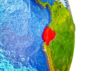 Ecuador on 3D model of Earth with divided countries and blue oceans.