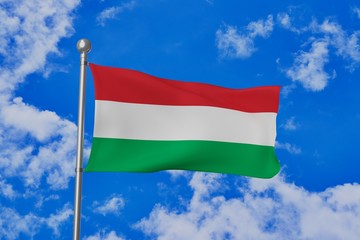 Hungary national flag waving isolated in the blue cloudy sky 3d illustration