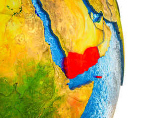 Yemen on 3D model of Earth with divided countries and blue oceans.