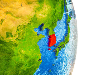 South Korea on 3D model of Earth with divided countries and blue oceans.