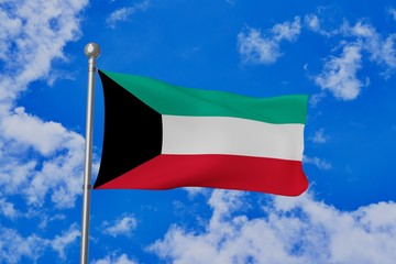 Kuwait national flag waving isolated in the blue cloudy sky 3d illustration