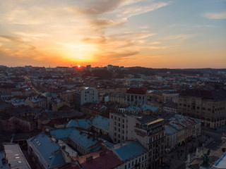 beauty sunset over old european city. birds eye view