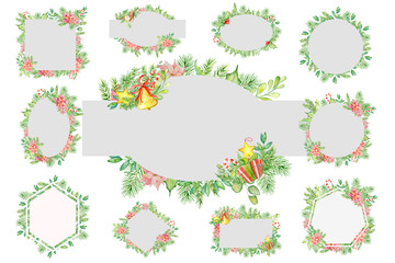 Merry Christmas watercolor frame with floral winter elements. Happy New Year card, posters. 