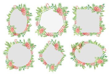 Merry Christmas watercolor frame with floral winter elements. Happy New Year card, posters. 