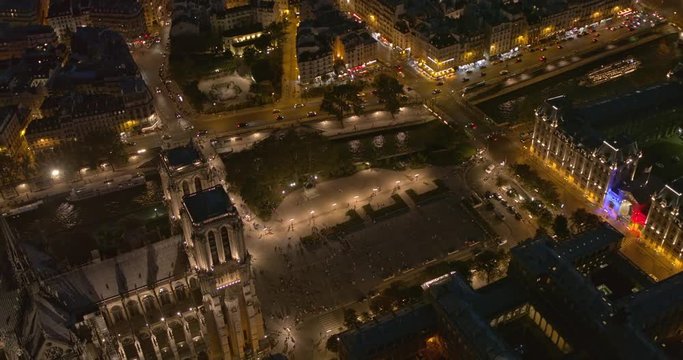 France Paris Aerial v42 Panning birdseye detail of Notre Dame Cathedral and square 8/18