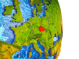 Czech republic on 3D model of Earth with divided countries and blue oceans.