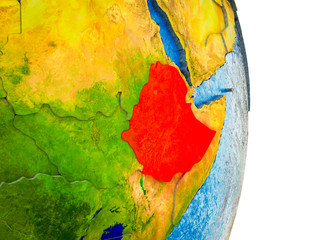 Ethiopia on 3D model of Earth with divided countries and blue oceans.