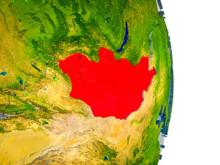 Mongolia on 3D model of Earth with divided countries and blue oceans.