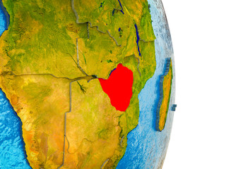 Zimbabwe on 3D model of Earth with divided countries and blue oceans.