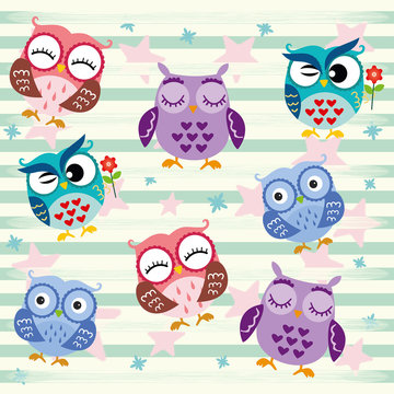 Funny Owls. Cartoon Character Isolated on star and stripes green background. Vector Illustration.  You are my Valentine. Love in the air, Saint Valentine, postcard