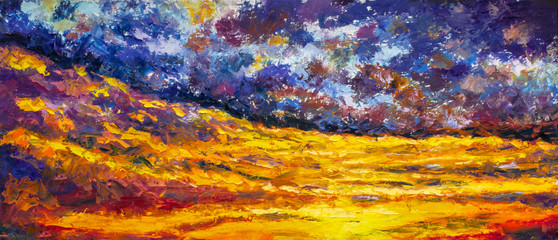 Starry sky over the yellow desert impasto art abstract painting - impressionism landscape, expressionism