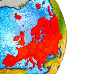Europe on 3D model of Earth with divided countries and blue oceans.