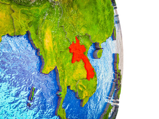 Laos on 3D model of Earth with divided countries and blue oceans.