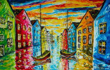 Originales Kunstöl und Spachtel auf Leinwand - Venedig, Amsterdam Malerei Kunstwerk - Boote schwimmen im Wasser, der Kanal, bunte helle Häuser - Impressionismus Landschaft, Expressionismus, Illustration © weris7554