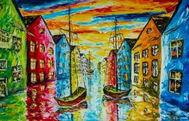 Originales Kunstöl und Spachtel auf Leinwand - Venedig, Amsterdam Malerei Kunstwerk - Boote schwimmen im Wasser, der Kanal, bunte helle Häuser - Impressionismus Landschaft, Expressionismus, Illustration © weris7554