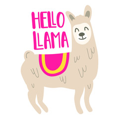 Hello llama. Hand drawn vector lettering illustration for postcard, t shirt, print, kids wear, stickers, posters design.