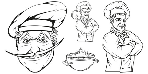 chef cook standing in a different pose, restaurant boss, cartoon chef in uniform, cook logo, chef hat, professional chef cook, head of kitchen, vector graphics to design