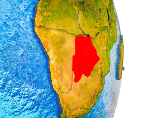 Botswana on 3D model of Earth with divided countries and blue oceans.