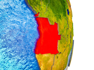 Angola on 3D model of Earth with divided countries and blue oceans.