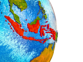 Indonesia on 3D model of Earth with divided countries and blue oceans.