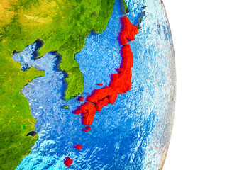 Japan on 3D model of Earth with divided countries and blue oceans.