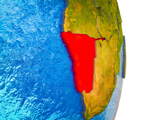 Namibia on 3D model of Earth with divided countries and blue oceans.