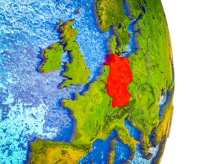 Germany on 3D model of Earth with divided countries and blue oceans.