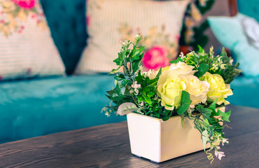 Beautiful flowers pot, flowers vase in vintage retro style interior decoration living room.