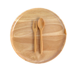 wooden plate, spoon and fork isolated on white background