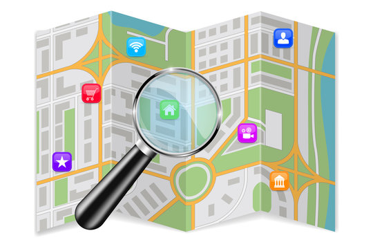 City map with location icons and magnifying glass