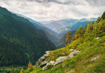 Mountain landscape. Carpathian Mountains in Romania. Cliffs nearby Transfagarasan road. High mountain peaks