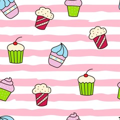 Seamless pattern with hand drawn colorful cupcakes. Vector illustration