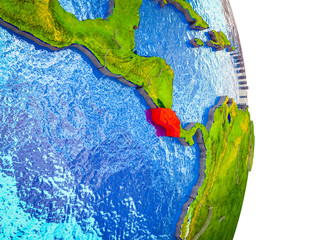 Costa Rica on 3D model of Earth with divided countries and blue oceans.