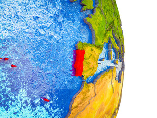 Portugal on 3D model of Earth with divided countries and blue oceans.