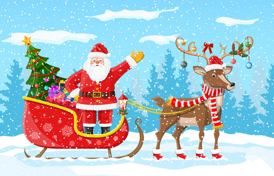 Christmas tree santa claus with reindeer sleigh