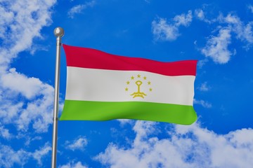 Tajikistan national flag waving isolated in the blue cloudy sky 3d illustration