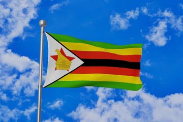 Zimbabwe national flag waving isolated in the blue cloudy sky 3d illustration